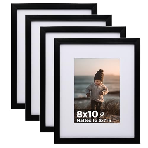 8x10 Picture Frame Black Set of 4, Wooden Photo Frames Matted 5x7 with Plexiglass for 5x7 with Mat or 8x10 without Mat for Table and Wall Display - color: Black, size: 8x10