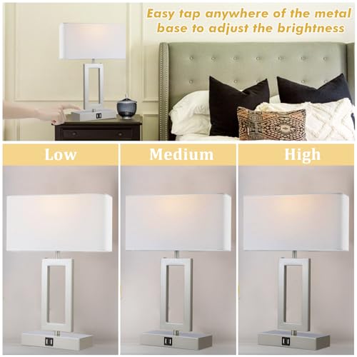 gernehop Silver Table Lamps Set of 2 with Dual USB Ports,3-Way Dimmable Touch Control Bedside Lamps,Modern Bedroom Table Lamp for Living Room,Nightstand LED Bulbs Included - color: 16Inch Silver