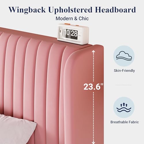 Allewie King Size Velvet Bed Frame/Vertical Channel Tufted Wingback Headboard/Upholstered Platform Bed/Strong Wooden Slats/No Box Spring Needed/Easy Assembly/Pink - color: Pink, size: King