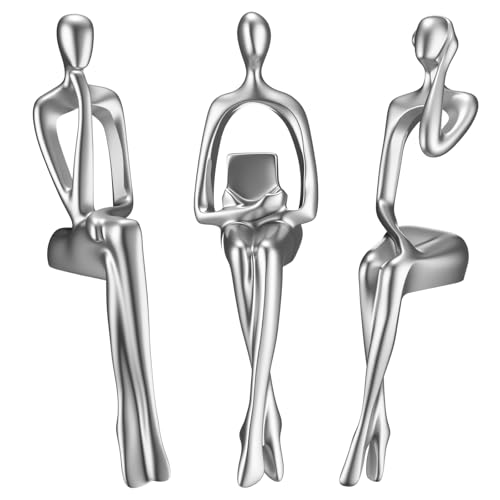 3 Pcs Small Thinker Statue Decor, Modern Abstract Sitting Sculptures for Home Decor, Resin Figurines Bookshelf Decoration Accents, Elegant Desk Cabinet Ornaments for Living Room, Office(Silver) - color: Silver