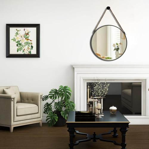 POZINO Round Hanging Mirror with Rope, 15" Grey Metal Frame Circle Wall Mirrors, Small Farmhouse Decorative Mirror for Entryway, Living Room, Fireplace, Bedroom, Bathroom - color: Grey, size: 15"L x 15"W
