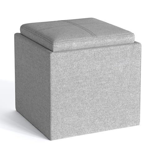 SIMPLIHOME Rockwood 24" Wide Vegan Leather Storage Ottoman in Brown | Cloud grey, contemporary ottoman with flip-over tray top and hidden storage; cube storage bench for living room. - color: Cloud Grey
