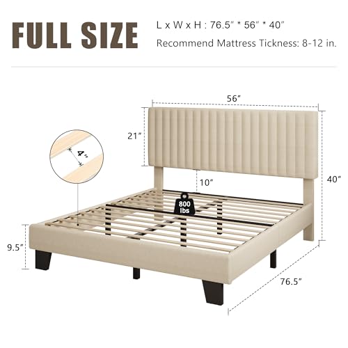 Einhomn Full Size Bed Frame with Headboard, Upholstered Linen Platform Bedframe with Solid Wooden Slats, Noise-Free, No Box Spring Needed, Easy Assembly, Beige - color: Beige, size: Full