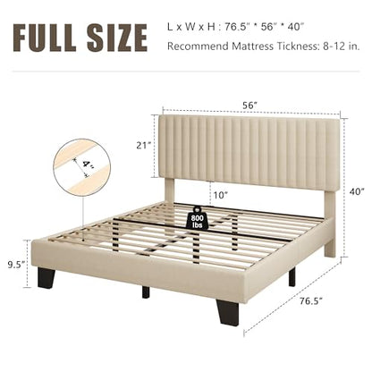 Einhomn Full Size Bed Frame with Headboard, Upholstered Linen Platform Bedframe with Solid Wooden Slats, Noise-Free, No Box Spring Needed, Easy Assembly, Beige - color: Beige, size: Full