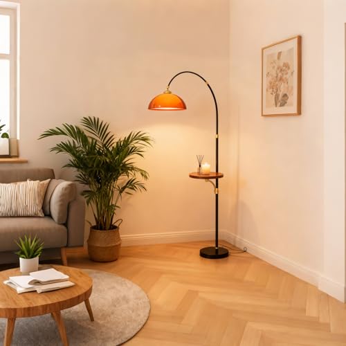 Arc Floor Lamp with Wood Tray,Over Couch Lamp,2-Tier Arcylic Shade | Adjustable Lighting Direction,Mid Century Modern Style,Stable Metal Base,Handy Storage,for Living Room Bedroom Office - color: Desk