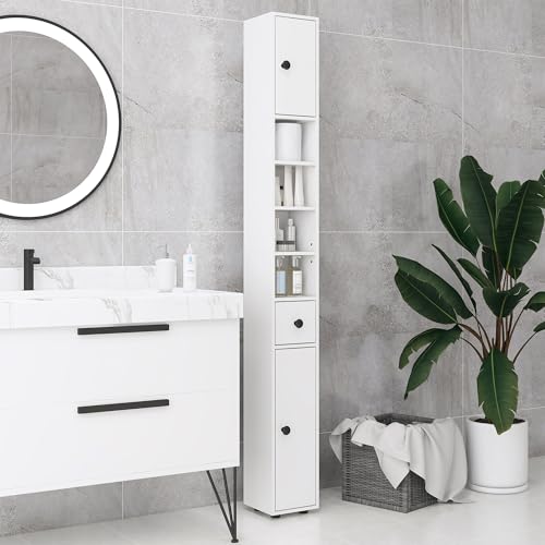 kleankin Narrow Tall Bathroom Storage Cabinet 71" Slim with Drawer White | Freestanding Bathroom Cabinet, Open Shelves, 2 Doors, Adjustable Shelves, Small Spaces