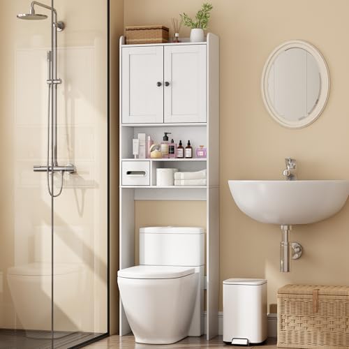 Over the Toilet Storage Cabinet, Tall Slim Bathroom Organizer with Doors, Adjustable Shelves & Built-in Toilet Paper Holder, Space-Saving Above Toilet Cabinet for Small Bathrooms(White) - color: White