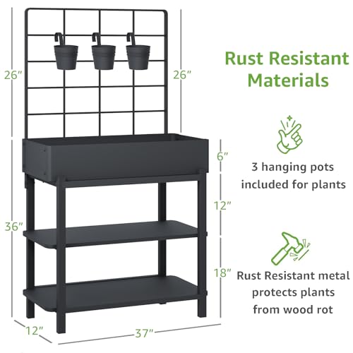 Metal Raised Garden Bed with Trellis & Legs | 2-tier shelf, 3 flower pots, 36" tall no-bend, rust-resistant, ideal for patio, balcony, vegetables, herbs & climbing plants