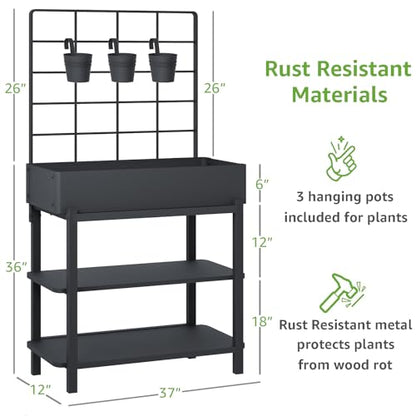 Metal Raised Garden Bed with Trellis & Legs | 2-tier shelf, 3 flower pots, 36" tall no-bend, rust-resistant, ideal for patio, balcony, vegetables, herbs & climbing plants