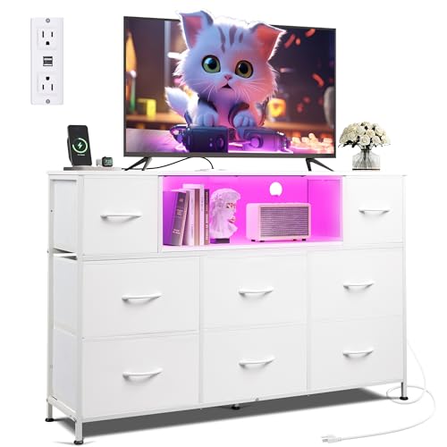 WLIVE LED Dresser TV Stand for 55 Inch TV, 8 Drawers, White | Fits TVs up to 55 inch, 8 fabric drawers, LED chest of drawers, Built-in power outlet, Living room or bedroom - color: White