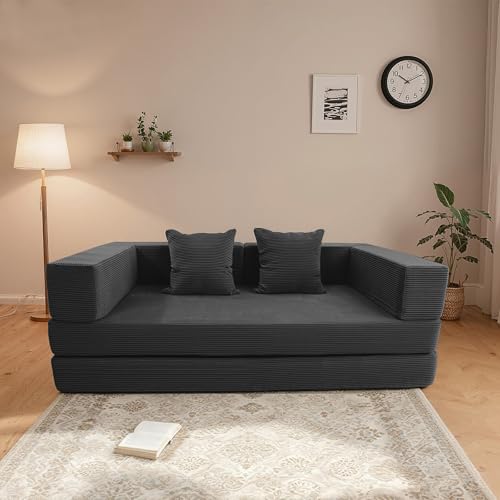 5-in-1 Futon Sofa Bed Queen Floor Convertible Couch Foldable Lounge Grey | Multi-Position Convertible Lounge Couch for Guest Room & Apartment, Removable Washable Cover, Space Saving - color: Grey