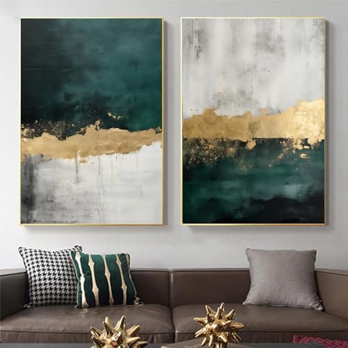 Green Abstract Wall Art Dark Green and Black Grey Pictures Modern Minimalist Geometry Painting for Wall Emerald Green Gold Grey Wall Art Modern Abstract Painting Gold Foil Artwork 16x24inchx2 No Frame - color: G-No Frame, size: 16L" x 24W"