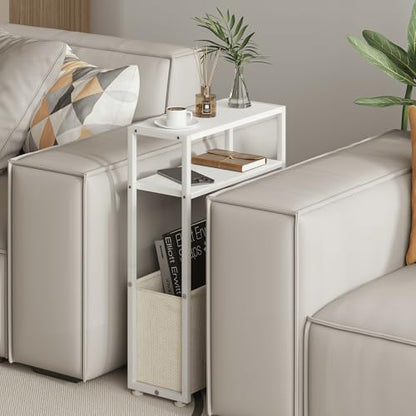Leomonio Narrow Side Table, Slim End Tables with Fabric Basket, Skinny Table for Small Spaces, Thin Bedside Table for Living Room, Bedroom (1, White + Camel Brown) - color: White + Camel Brown