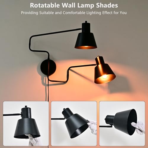 Black Swimg Arm Wall Sconce 2-Light Long Swivel Arms Wall Lamp | Large Plug in Wall Mount Lighting Fixture Adjustable Industrial Wall Light for Living Room Bedroom - color: Black-C 2-Lights