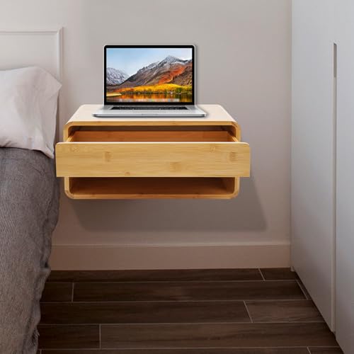Xuthusman Floating Nightstand，Bamboo Wall Mounted Nightstand with Drawer, Modern Floating Bedside Cabinet, Space-Saving Storage Shelf for Bedroom Living Room Office（Wood Color）