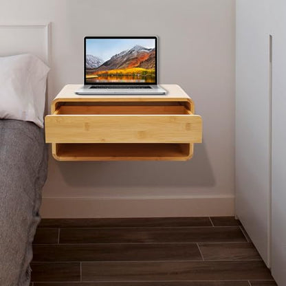 Xuthusman Floating Nightstand，Bamboo Wall Mounted Nightstand with Drawer, Modern Floating Bedside Cabinet, Space-Saving Storage Shelf for Bedroom Living Room Office（Wood Color）