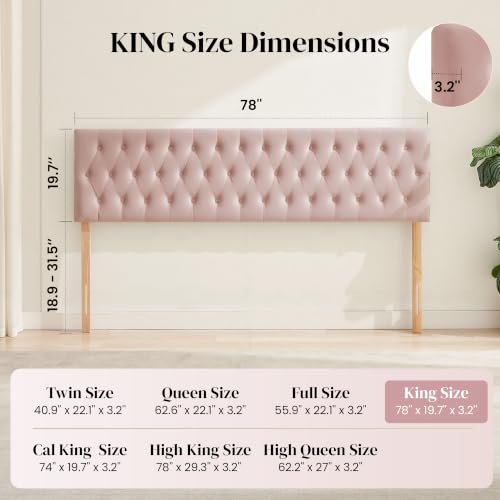 Tufted Upholstered King Size Bed Headboard in Modern Button Design, Adjustable Solid Wood Head Board, Premium Velvet Fabric Padded Headboards in Bedroom (Pink) - color: Pink, size: King