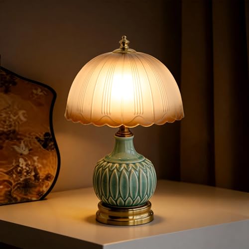 Vintage Green Ceramic Small Table Lamp with Amber Glass Shade | 15.7" Plug In Dimmable Nightstand Accent Desk Lamp for Bedroom Bedside & Cottage, Aesthetic Home Decor, Bulb Included - style: Bamboo Leaf+Gradient Glass