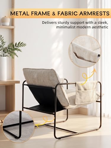 Modern Accent Chair Comfortable Living Room Chairs with Armrests, Lounge Chair with Metal Frame Chenille Upholstered Bedroom Reading Chair - color: Beige