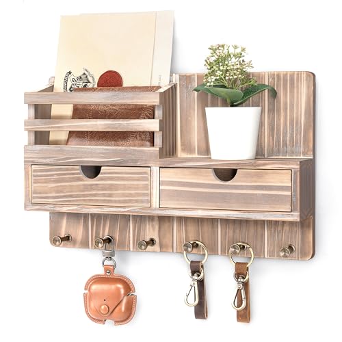 Rebee Vision Key Holder Wall Mount with 6 Hooks for Entryway, Natural Wood | Farmhouse Key and Mail Holder for Wall, Mail Organizer, 2 Drawer Organizer, Key Hanger, Home Essentials, Decorative Storage - color: Natural Wood