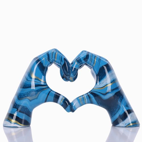 Colourful hand heart decoration, heart hand statue, love finger sculpture wedding decoration, suitable for bookshelf coffee table office bedroom TV cabinet bookshelf small ornaments home decoration. - color: Fluid Blue Gold