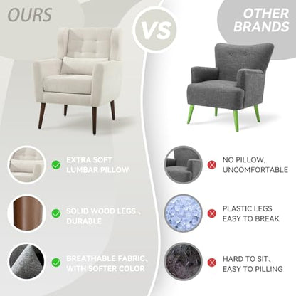 Modern Accent Chair, Upholstered Armchair with Pillow, Fabric Single Sofa Chair with Lounge Seat and Wood Legs Accent Chair for Living Room Bedroom Small Spaces (Beige, Set of 1) - color: Beige, size: Set of 1