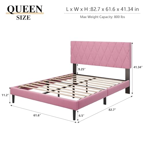 CXVX Queen Size Bed Frame with Diamond Tufted Headboard, Velvet Upholstered Platform Bed and Wooden Slat Support, Noise-Free, No Box Spring Needed, Easy Assembly, Pink - color: Pink, size: Queen