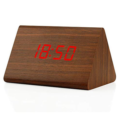 Digital Alarm Clock Wooden Alarm Clock Wood Modern Triangle Alarm Digital Desk Clock, Displays Time Date Temperature Calendar Wood Made Electric Clocks for Bedroom, Bedside - Brown - color: Brown