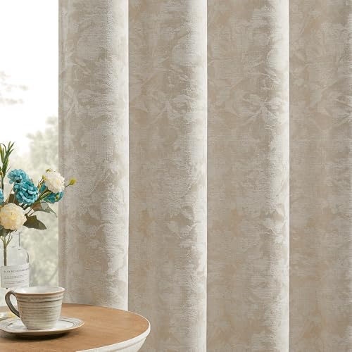 Beauoop Beige Floral Jacquard Blackout Curtains for Bedroom 52x96 2 Panels | Flower Chenille Room Darkening Drapes for Living Room 96 Inch Long Thermal Insulated Soundproof Window treatment Grommet - color: Grommet | Beige, size: 52"W x 96"L (Pack of 2)