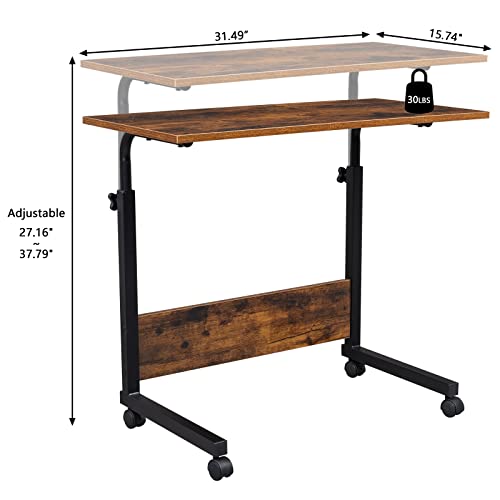 Sofa Side Table C Shaped End Table with Wheels, Rolling Bedside Laptop Table Snack Table TV Tray, Height Adjustable, Wooden Top & Metal Frame - color: Retro Brown, 31.5"