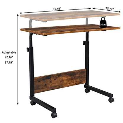Sofa Side Table C Shaped End Table with Wheels, Rolling Bedside Laptop Table Snack Table TV Tray, Height Adjustable, Wooden Top & Metal Frame - color: Retro Brown, 31.5"