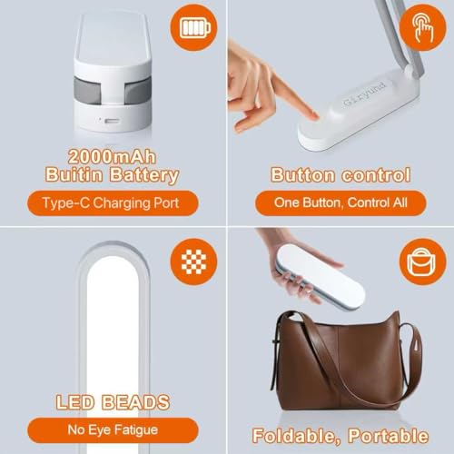 Giryuhd LED Desk Lamp for Office Home & Battery Operated Lamp Rechargeable Lamp Foldable & Portable Light, LED Desk Light Strip, 3 Brightness Dimmable Small Desk Lamp Wireless Reading Lamp(2PACK) - color: White(2PACK)