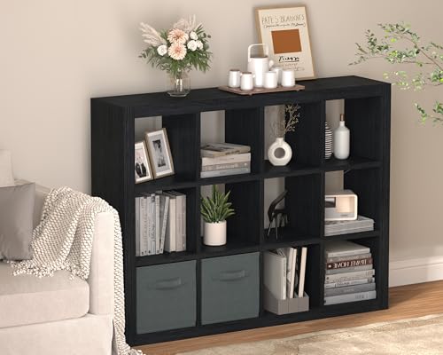 furtble Bookshelf with Storage Bin, 12-Cube Storage Organizer, Modern Wood Open Bookcase, Multifunctional Display Shelf for Living Room, Bedroom, Home Office, Black - color: Black, size: 12 cube