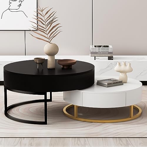 Modern Round Lift-top Nesting Coffee Tables with 2 Drawers for Living Room White & Black - color: White+black