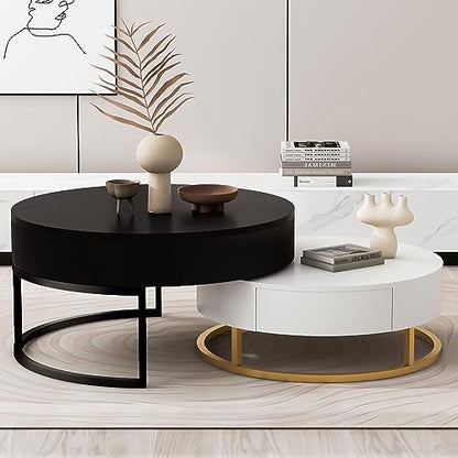 Modern Round Lift-top Nesting Coffee Tables with 2 Drawers for Living Room White & Black - color: White+black