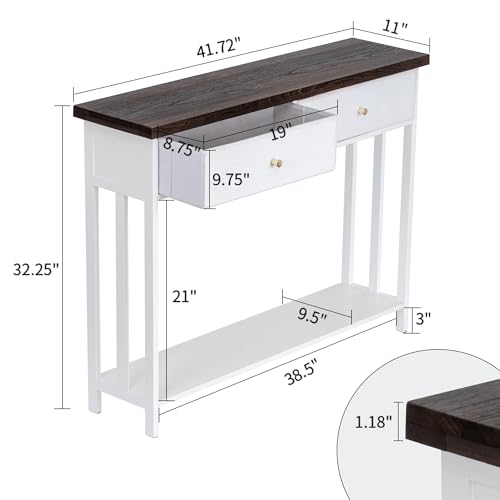 42" Solid Wood Console Table with 2 Fabric Drawers, Entryway Table with Storage Shelves, Sofa Table for Entryway, Hallway, Living Room, Kitchen or Behind Couch in Foyer, White - color: White