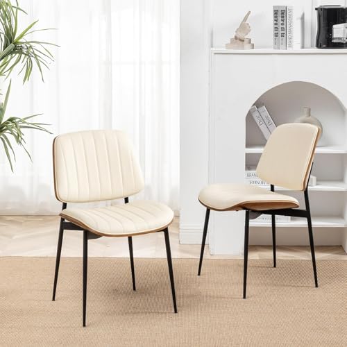 LUNLING Dining Room Chairs Mid Century Modern Retro Beige Faux Leather Chair with Walnut Bentwood Upholstered Seat Metal Legs Kitchen Chairs Adjustable Foot for Kitchen Dining Room,1PCS - color: Beige, size: 1PCS