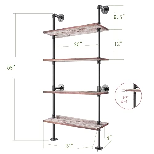 Yuanshikj 4 Tier with 24" Solid Wood Planks, Industrial Pipe Ladder Shelf | Metal Iron Rustic Wall Mounted for Living Room,Office, Decor Storage,Bookshelf - size: 4 Tier With 24" Solid Wood