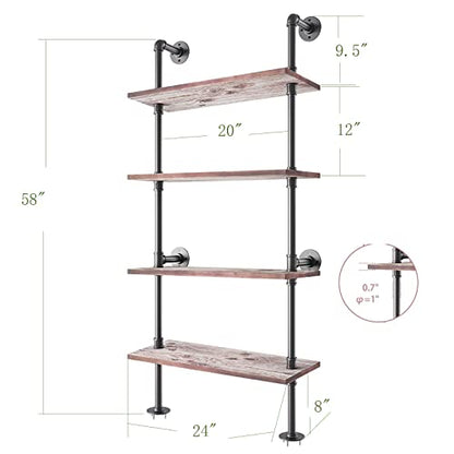Yuanshikj 4 Tier with 24" Solid Wood Planks, Industrial Pipe Ladder Shelf | Metal Iron Rustic Wall Mounted for Living Room,Office, Decor Storage,Bookshelf - size: 4 Tier With 24" Solid Wood