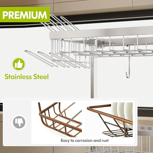 Over The Sink Dish Drying Rack with Cup and Utensil Holder | 2 Tier Stainless Steel,Expandable,Rust Proof Metal,Space Saving,Big Capacity Plate Drainer Above Kitchen Counter,Silver - color: Silver, style: Over Sink 2 Tier