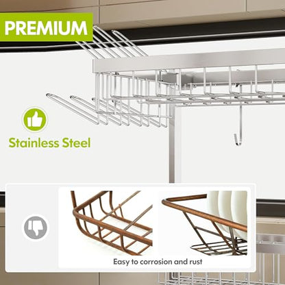 Over The Sink Dish Drying Rack with Cup and Utensil Holder | 2 Tier Stainless Steel,Expandable,Rust Proof Metal,Space Saving,Big Capacity Plate Drainer Above Kitchen Counter,Silver - color: Silver, style: Over Sink 2 Tier