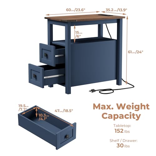 VVFLU Farmhouse End Table with Charging Station and 2 Storage Drawers, Blue Wood Nightstand Narrow, Skinny Side Table Rustic, Slim Bedside Table, Open Shelf, Small for Bedroom, Living Room, Sofa - color: Blue/Wood