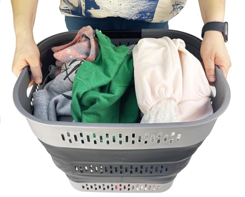 SAMMART 38L (10 Gallon) Collapsible Plastic Laundry Basket - Portable Pop-Up Storage Container/Organizer – Foldable Space Saving Laundry Hamper (2, Grey/Black) - color: Grey/Black