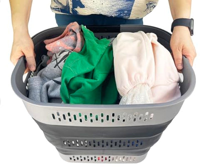 SAMMART 38L (10 Gallon) Collapsible Plastic Laundry Basket - Portable Pop-Up Storage Container/Organizer – Foldable Space Saving Laundry Hamper (2, Grey/Black) - color: Grey/Black