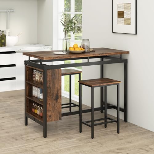 GIANTEX 3-Piece Dining Table Set - Counter Height Dining Table Set with 2 Bar Stools, 3-Tier Storage Shelf, Space-Saving Breakfast Nook Table Set for Small Places, Kitchen Table Chairs Set for 2