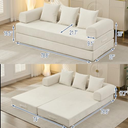 Convertible Folding Sofa Bed Modular Floor Couch, 78.8‘’ Cloud Sleeper Sofa with Removable Backrest, Chenille Foldable Mattress Couch, Lazy Loveseat for Small Space, Apartment, Bedroom, Beige - color: #3-beige