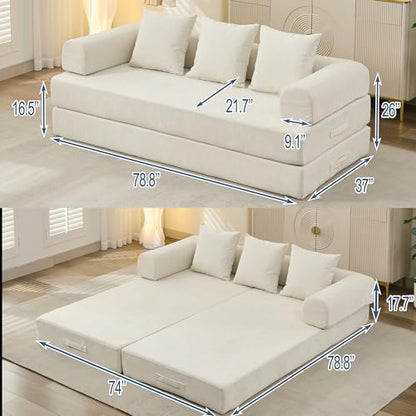 Convertible Folding Sofa Bed Modular Floor Couch, 78.8‘’ Cloud Sleeper Sofa with Removable Backrest, Chenille Foldable Mattress Couch, Lazy Loveseat for Small Space, Apartment, Bedroom, Beige - color: #3-beige