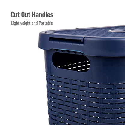 Mind Reader Slim Laundry Hamper with Lid, 40L Clothes Basket, Narrow Tapered Design with Ventilated Cutout Pattern, Plastic, Navy - color: Navy, size: Single