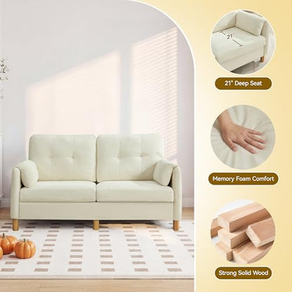 Mid Century Modern Couch, 65" Loveseat Sofa, Ivory | Storage Pockets, Upholstered Small Loveseat for Small Spaces, Bedroom, Home Office, Apartments - color: Beige