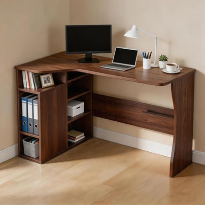 GAOMON L Shaped Office Desk with Storage Shelves, Small Corner Computer Desk for Home Office, Bedroom or Study, Space Saving Writing Workstation, Wood Desk with Side Cabinet, Brown